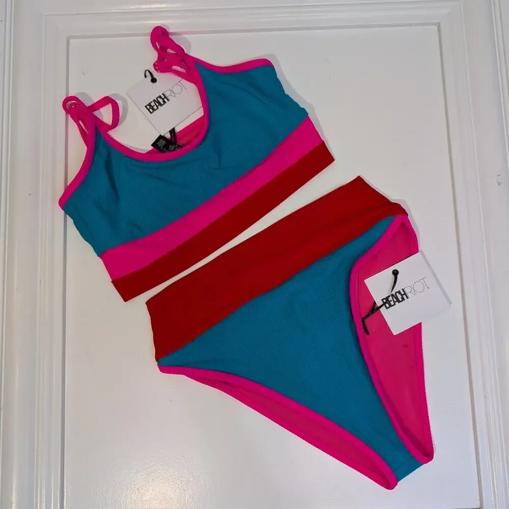 Beach Riot Blue Pink Red Two-Piece One-Piece Style Swim Set - Picture 1 of 11